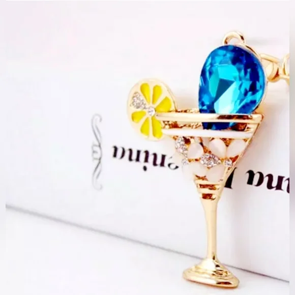 Gold plated blue and white crystal lemon martini glass necklace - Picture 15 of 16